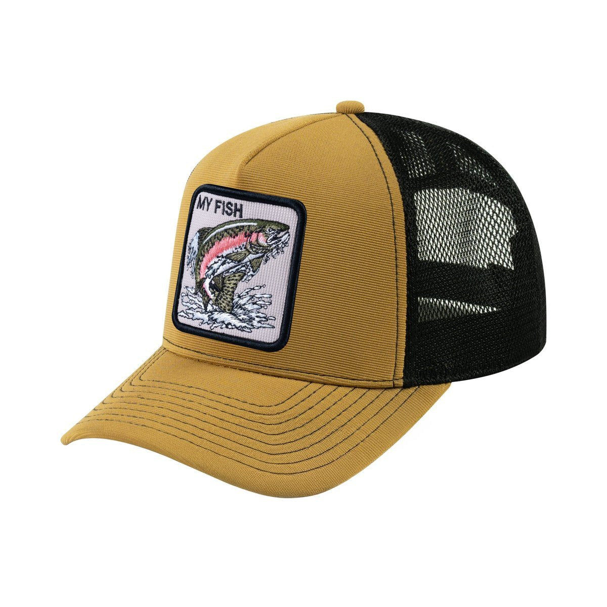 Unisex V2 Embroidered The Salmon, 5-Panel Trucker Hat, Light Brown/Black, Adjustable Fit