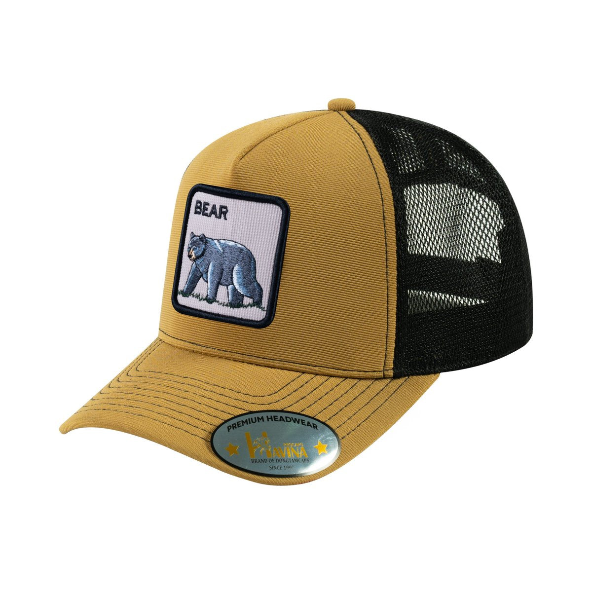 Unisex V2 Embroidered The Bear V2, 5-Panel Trucker Hat, Light Brown/Black, Adjustable Fit