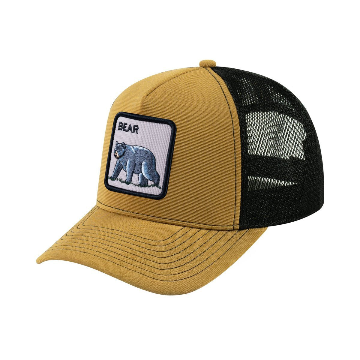 Unisex V2 Embroidered The Bear V2, 5-Panel Trucker Hat, Light Brown/Black, Adjustable Fit