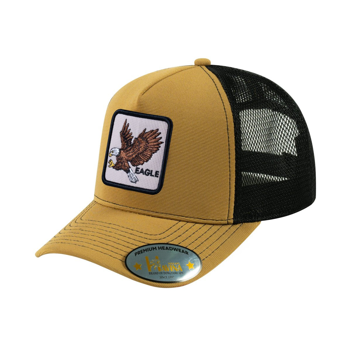 Unisex V2 Embroidered The Eagle, 5-Panel Trucker Hat, Light Brown/Black, Adjustable Fit