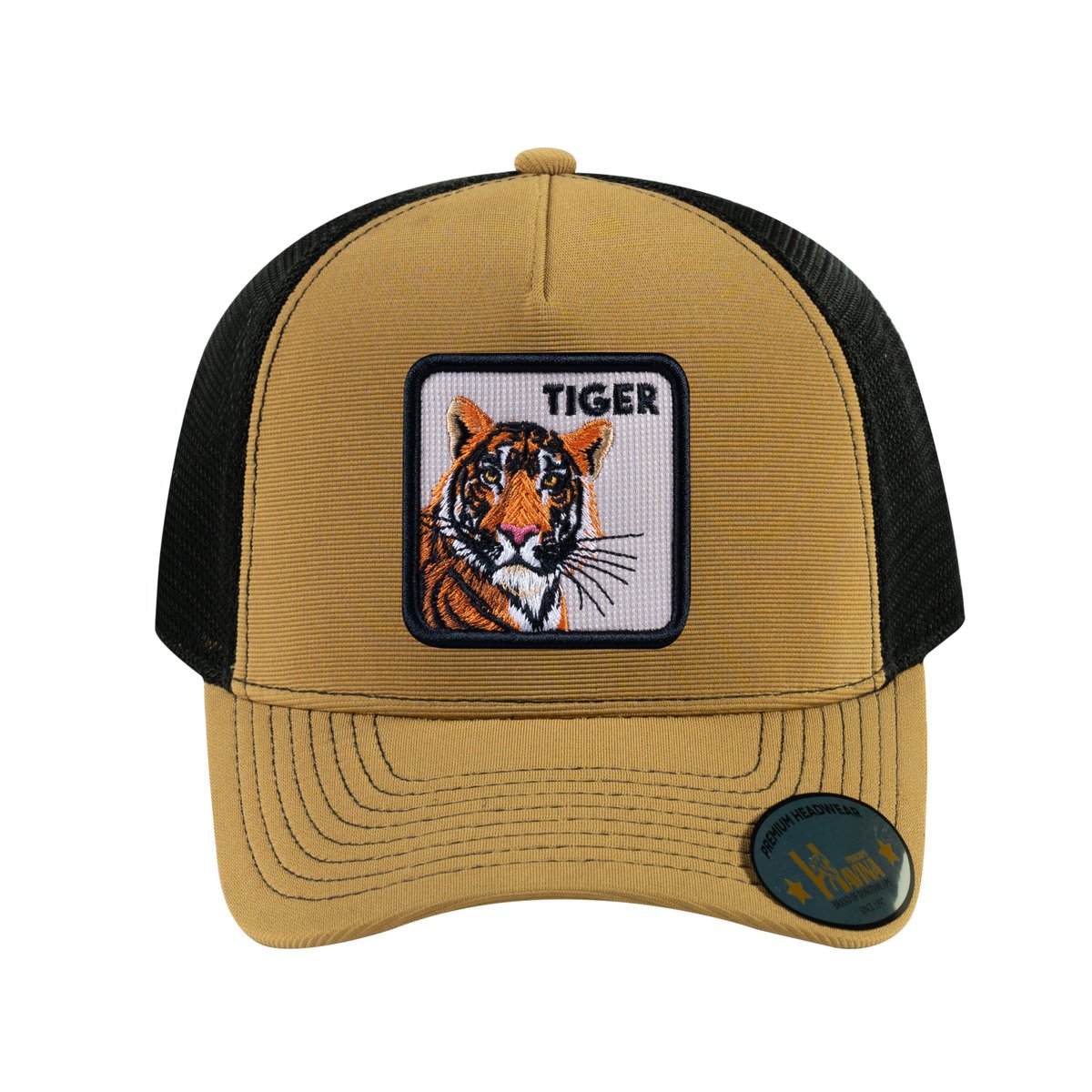 Unisex V2 Embroidered The Tiger, 5-Panel Trucker Hat, Light Brown/Black, Adjustable Fit