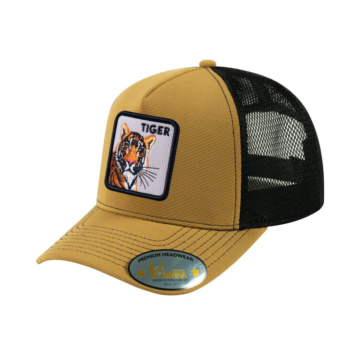 Unisex V2 Embroidered The Tiger, 5-Panel Trucker Hat, Light Brown/Black, Adjustable Fit