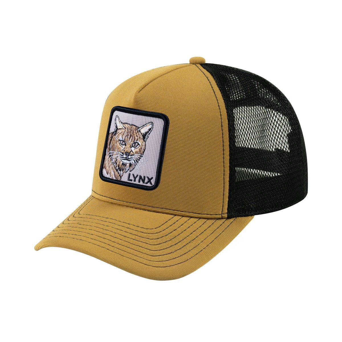 Unisex V2 Embroidered The Lynx, 5-Panel Trucker Hat, Light Brown/Black, Adjustable Fit