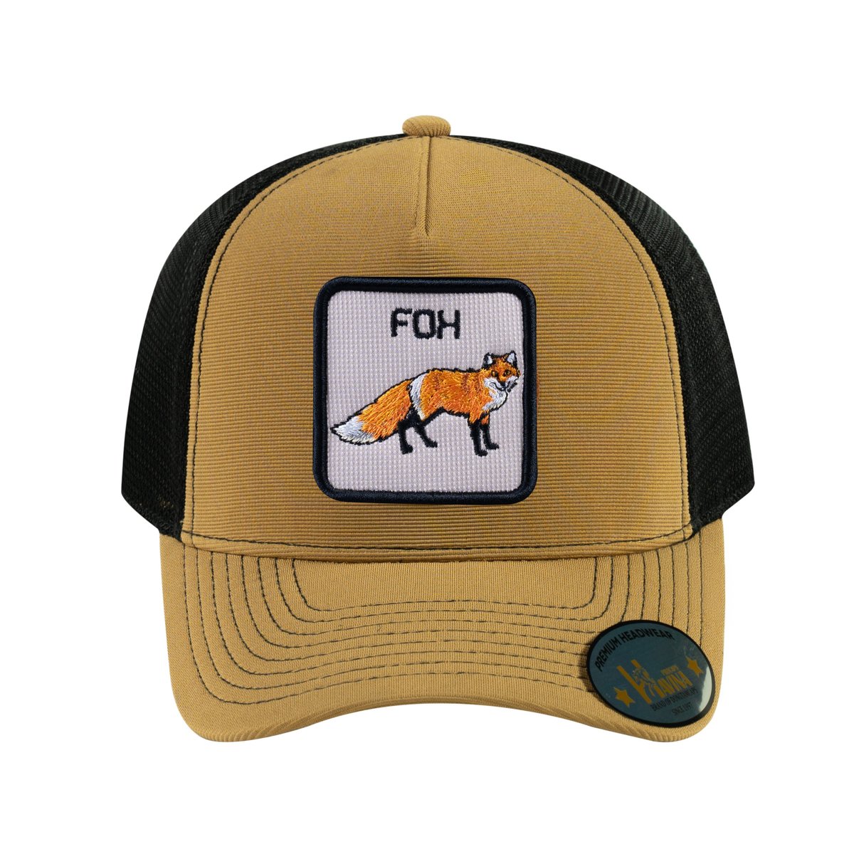 Unisex V2 Embroidered The Fox, 5-Panel Trucker Hat, Light Brown/Black, Adjustable Fit