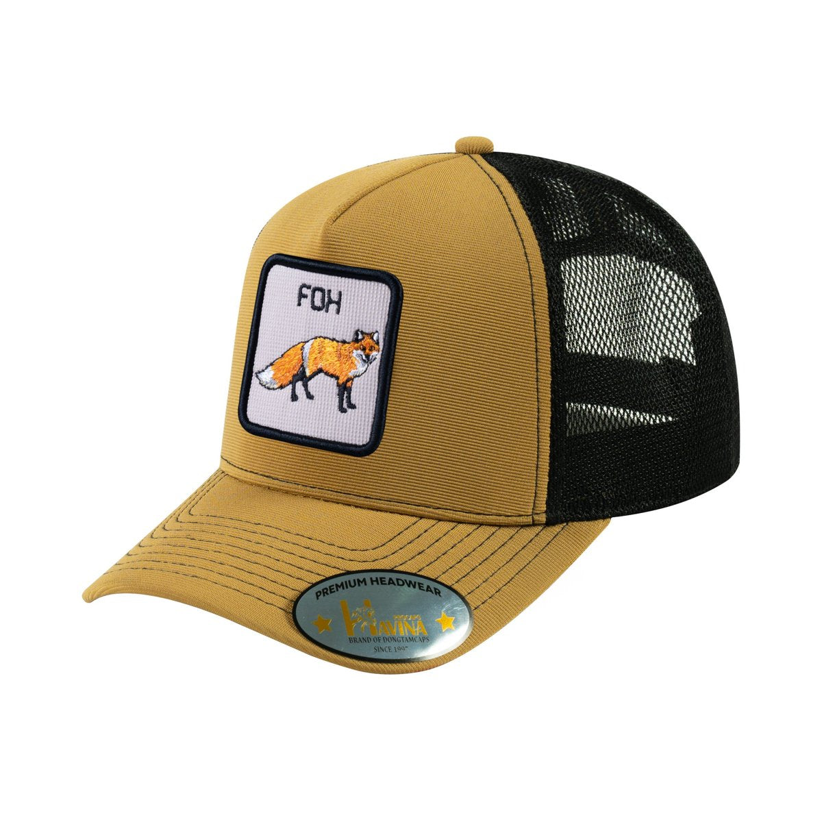 Unisex V2 Embroidered The Fox, 5-Panel Trucker Hat, Light Brown/Black, Adjustable Fit
