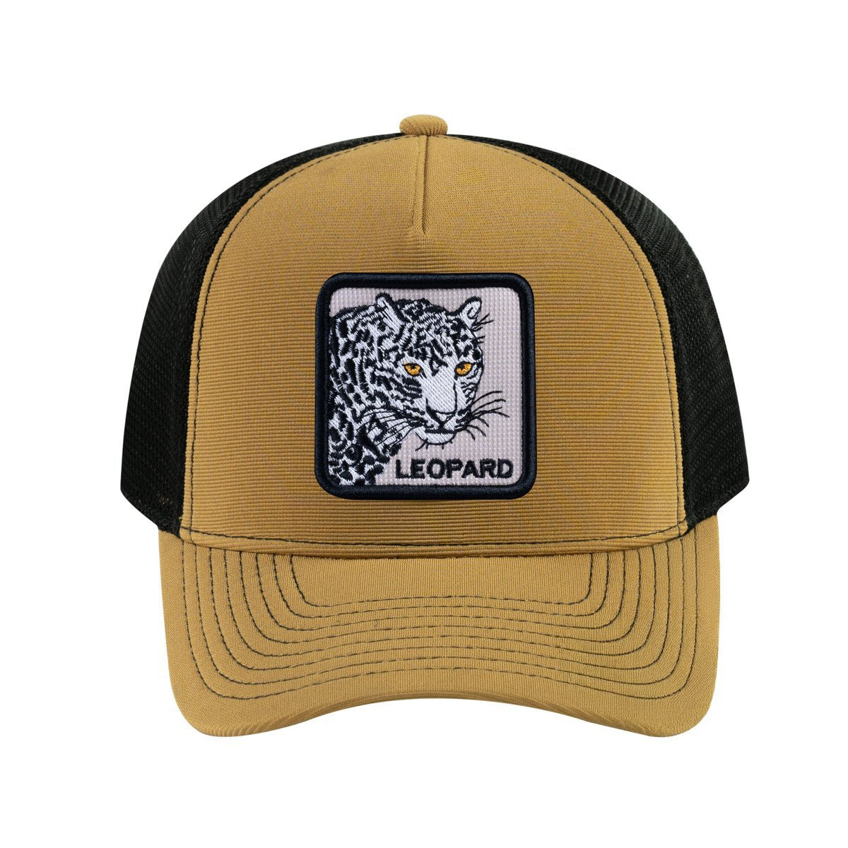 Unisex V2 Embroidered The Leopard, 5-Panel Trucker Hat, Light Brown/Black, Adjustable Fit