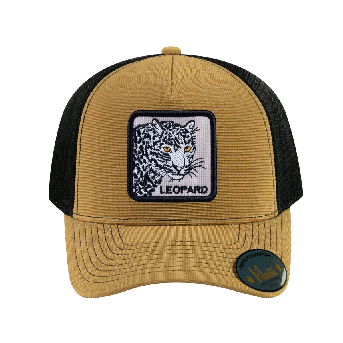 Unisex V2 Embroidered The Leopard, 5-Panel Trucker Hat, Light Brown/Black, Adjustable Fit