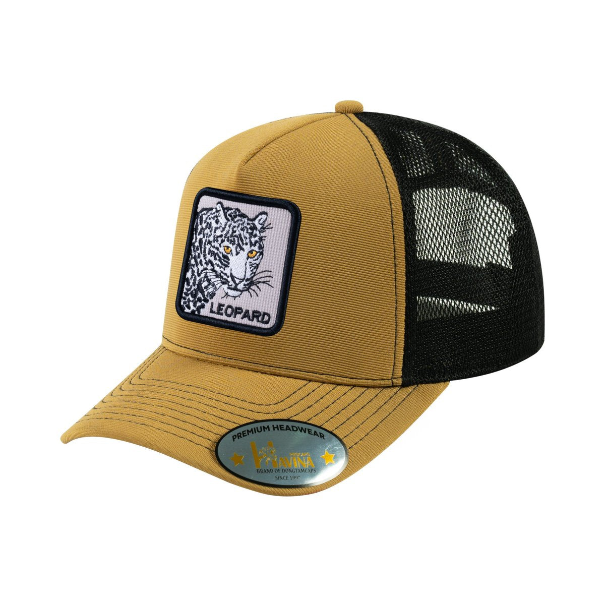 Unisex V2 Embroidered The Leopard, 5-Panel Trucker Hat, Light Brown/Black, Adjustable Fit