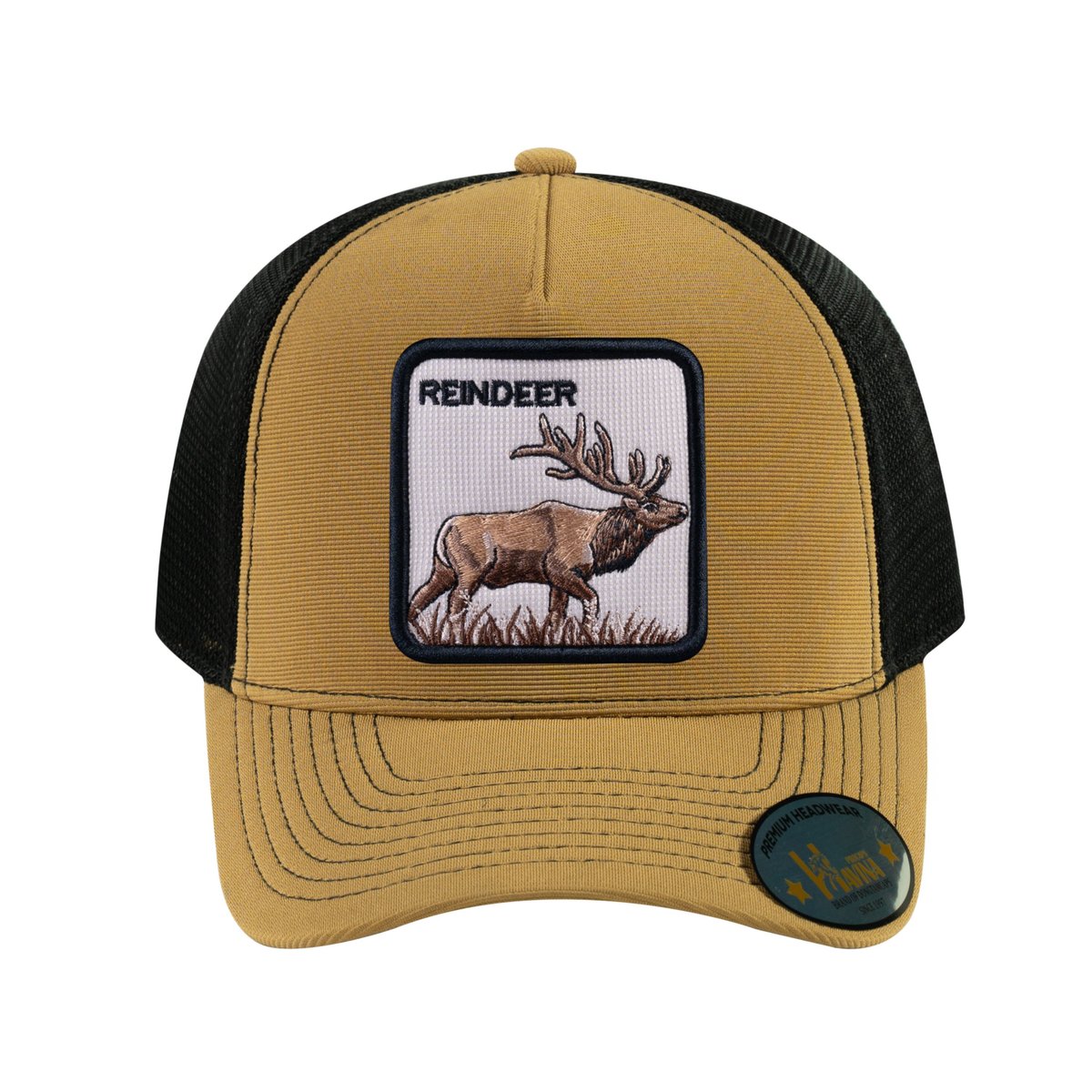 Unisex V2 Embroidered The Reindeer, 5-Panel Trucker Hat, Light Brown/Black, Adjustable Fit