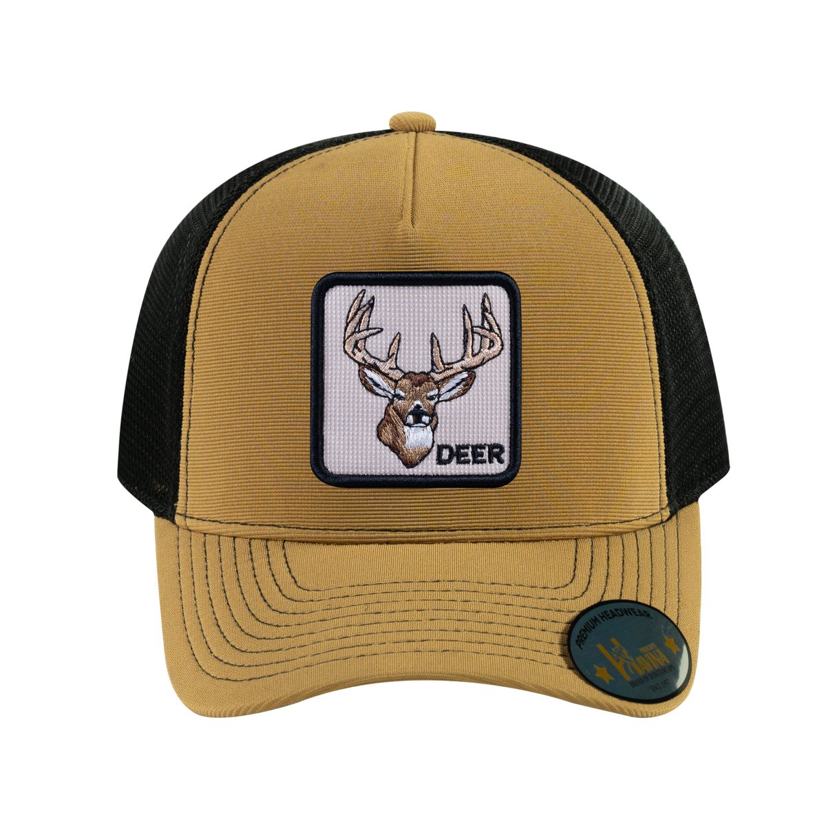 Unisex V2 Embroidered The Deer, 5-Panel Trucker Hat, Light Brown/Black, Adjustable Fit
