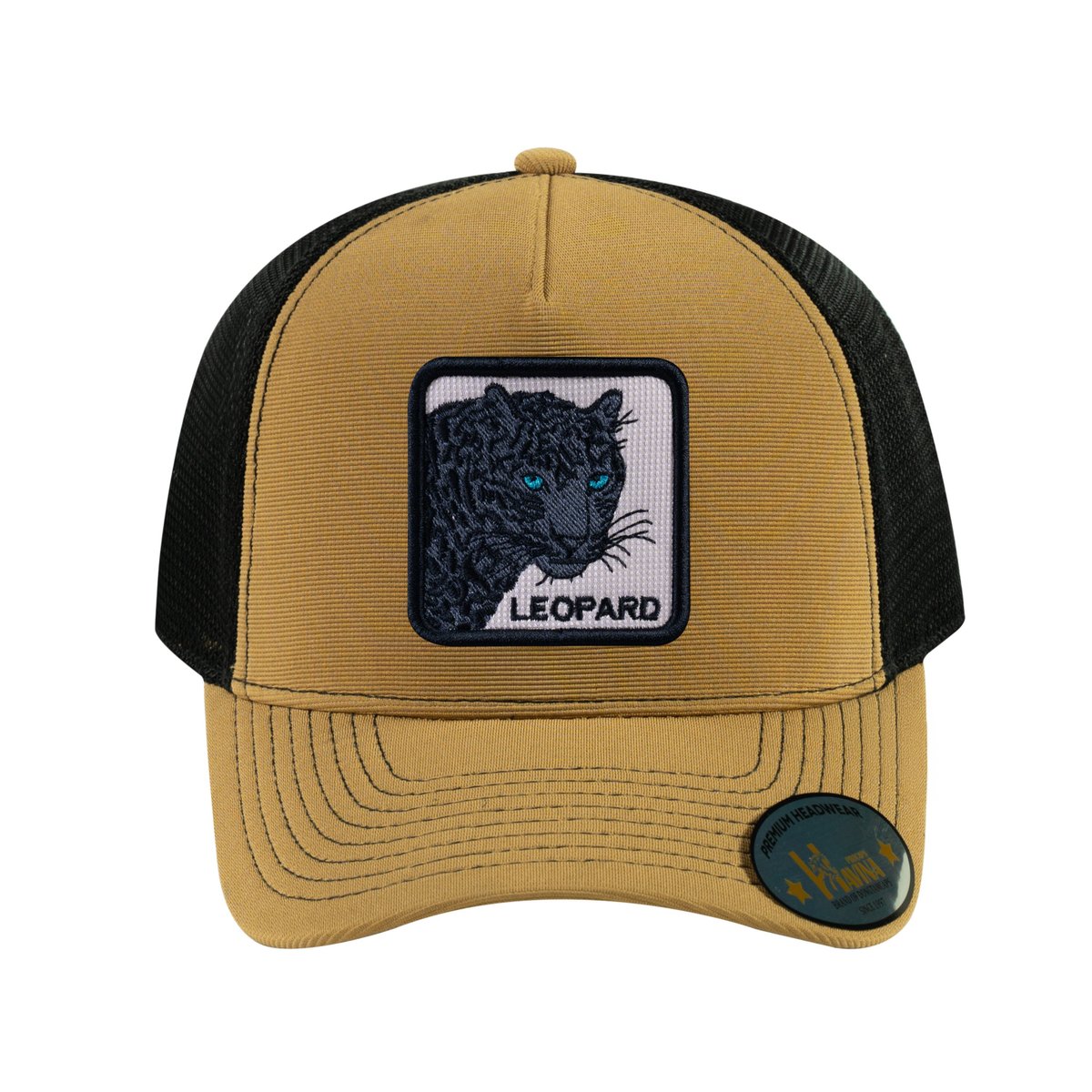 Unisex V2 Embroidered The Leopard V2, 5-Panel Trucker Hat, Light Brown/Black, Adjustable Fit
