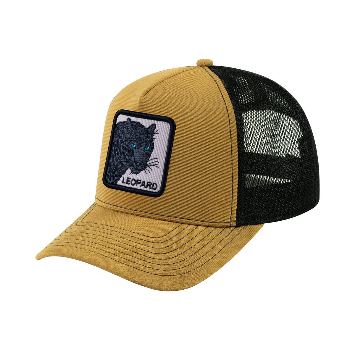 Unisex V2 Embroidered The Leopard V2, 5-Panel Trucker Hat, Light Brown/Black, Adjustable Fit