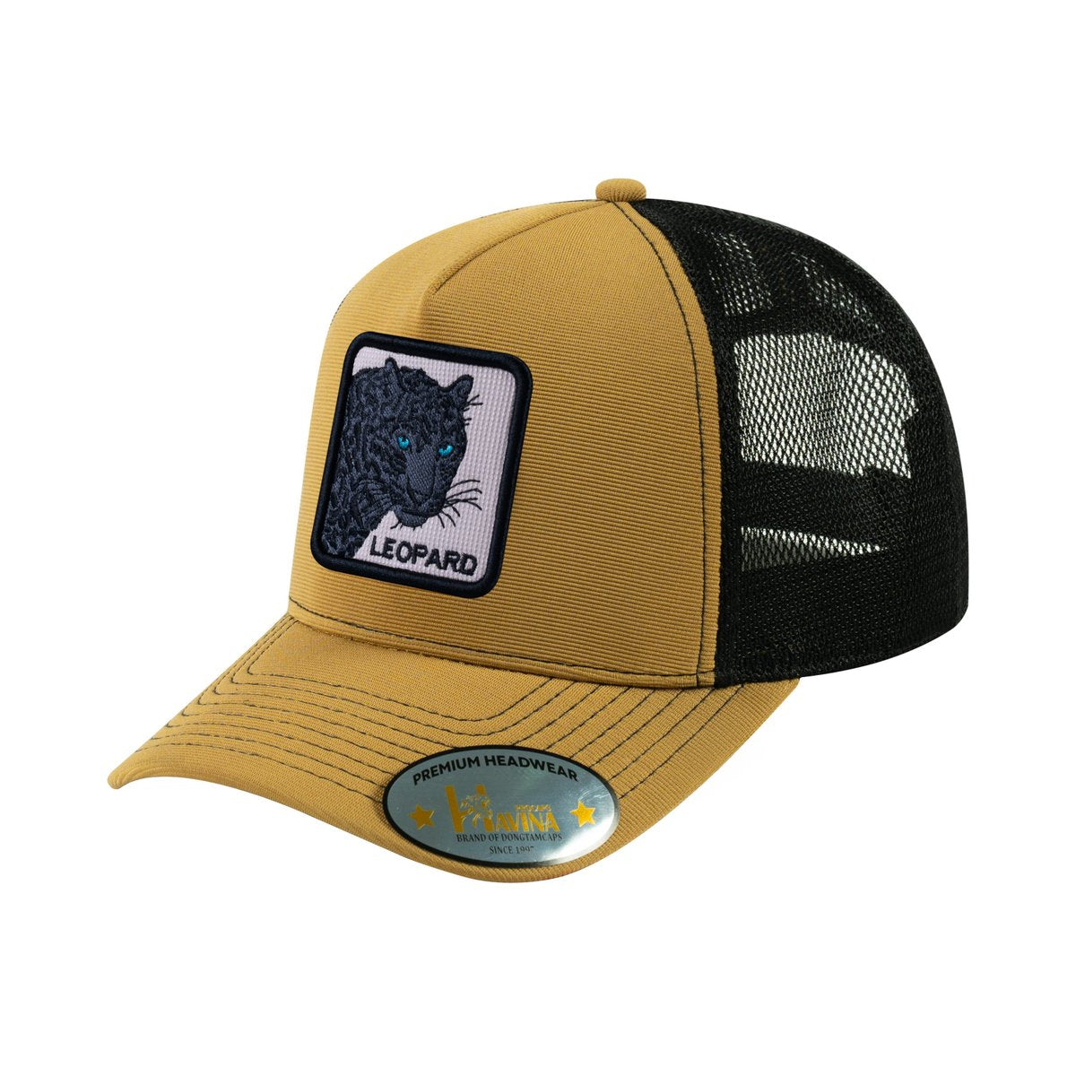 Unisex V2 Embroidered The Leopard V2, 5-Panel Trucker Hat, Light Brown/Black, Adjustable Fit
