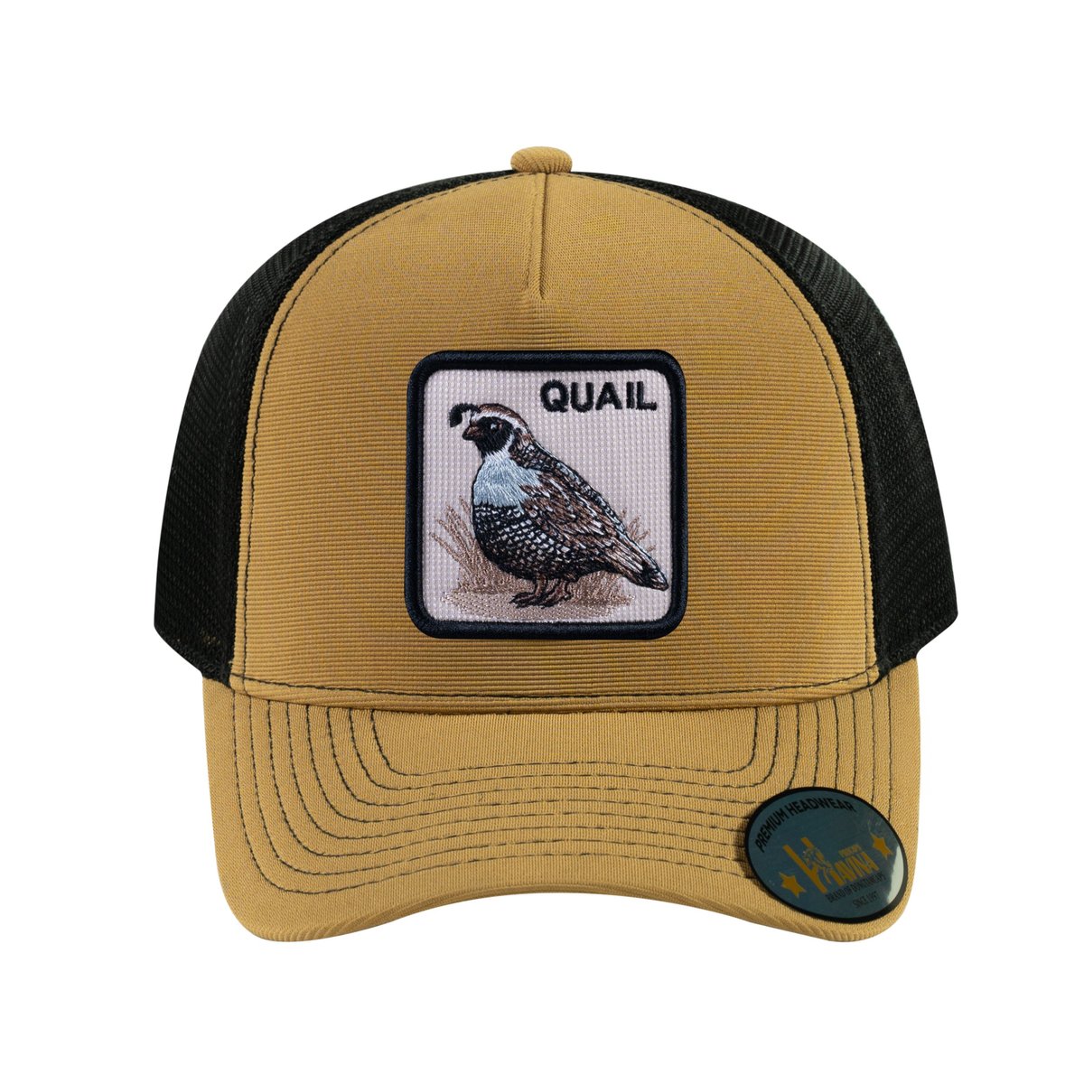 Unisex V2 Embroidered The Quail, 5-Panel Trucker Hat, Light Brown/Black, Adjustable Fit