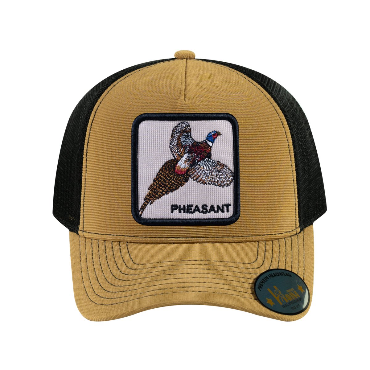 Unisex V2 Embroidered The Pheasant, 5-Panel Trucker Hat, Light Brown/Black, Adjustable Fit