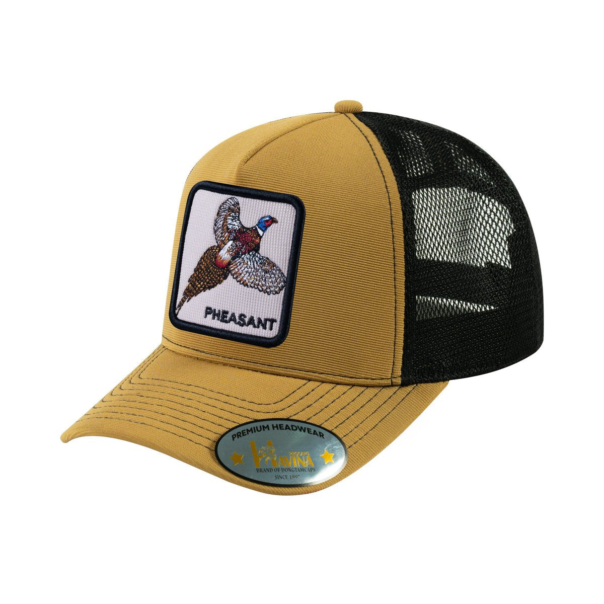 Unisex V2 Embroidered The Pheasant, 5-Panel Trucker Hat, Light Brown/Black, Adjustable Fit