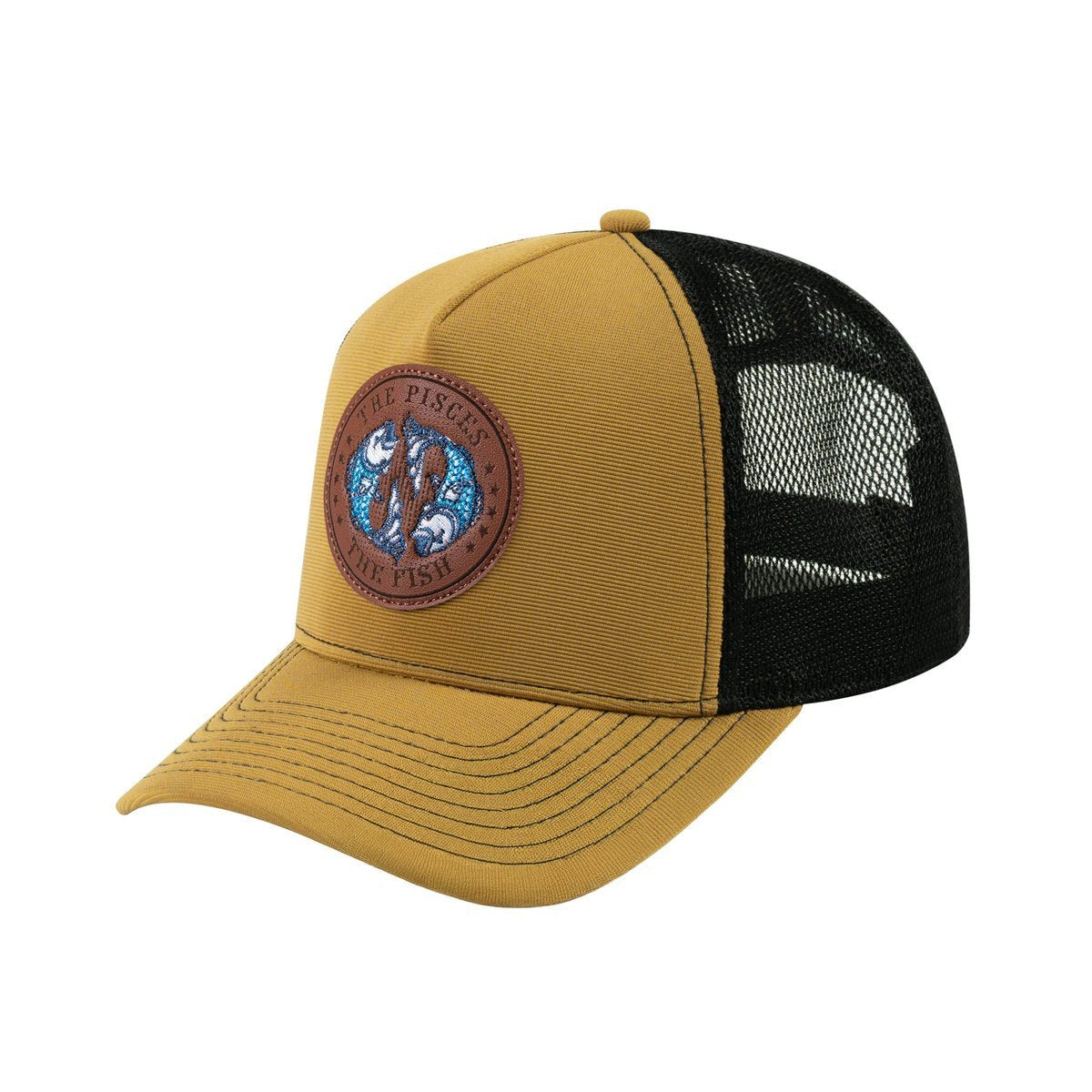 Unisex V2 Embroidered And Laser-Engraved Pisces Zodiac (February 19, March 20), 5-Panel Trucker Hat, Light Brown/Black, Adjustable Fit