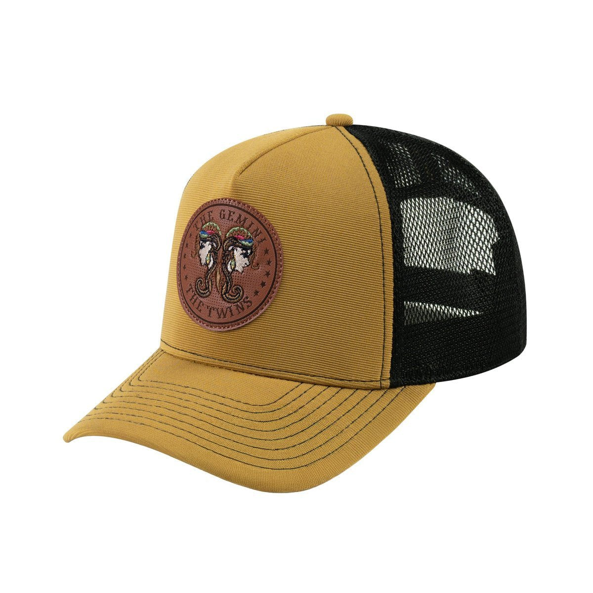 Unisex V2 Embroidered And Laser-Engraved Gemini Zodiac (May 21, June 20), 5-Panel Trucker Hat, Light Brown/Black, Adjustable Fit