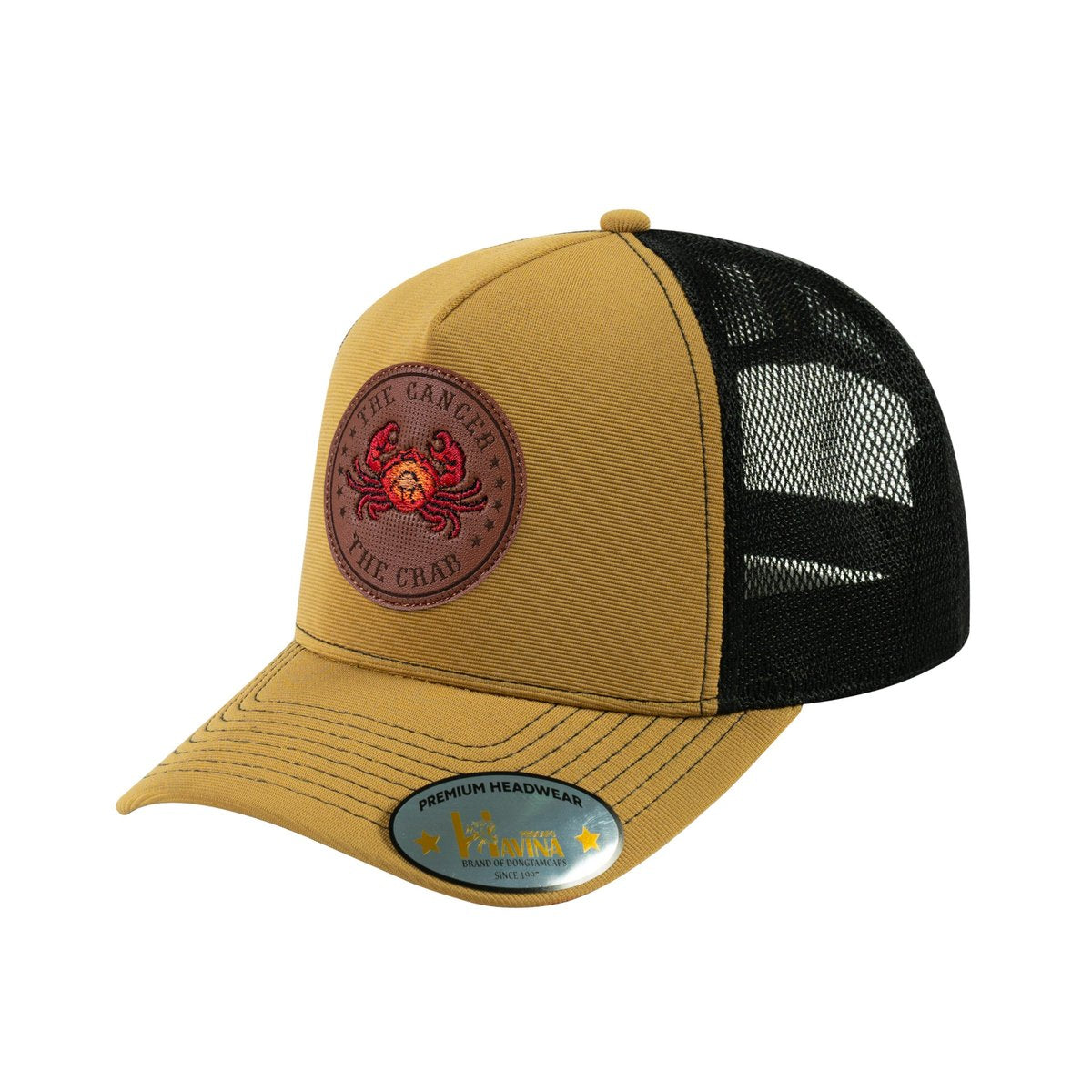 Unisex V2 Embroidered And Laser-Engraved Cancer Zodiac (June 21, July 22), 5-Panel Trucker Hat, Light Brown/Black, Adjustable Fit