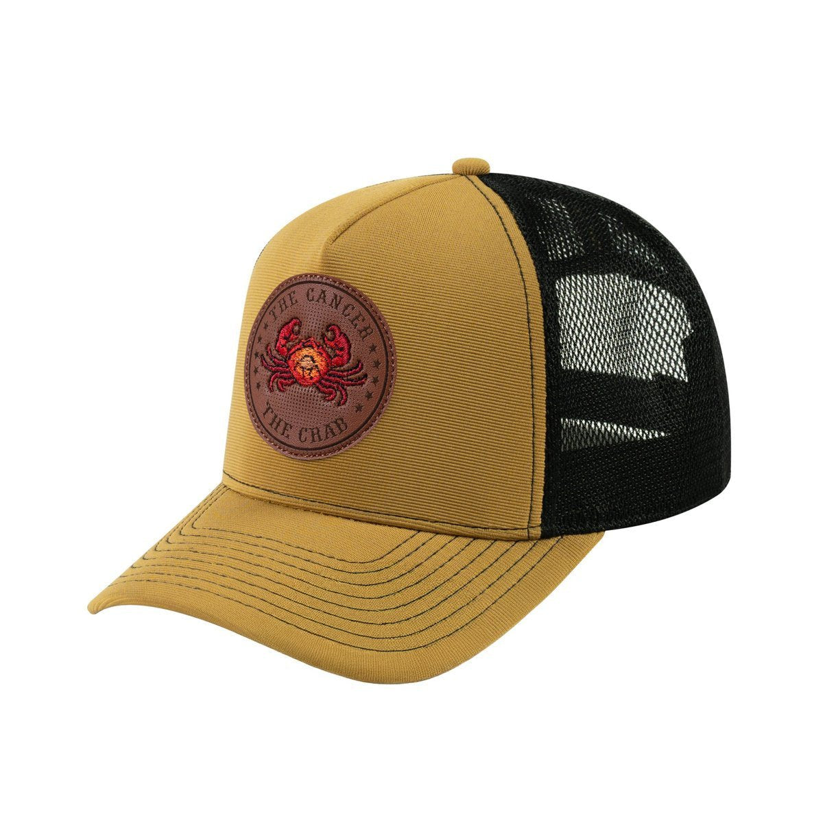 Unisex V2 Embroidered And Laser-Engraved Cancer Zodiac (June 21, July 22), 5-Panel Trucker Hat, Light Brown/Black, Adjustable Fit