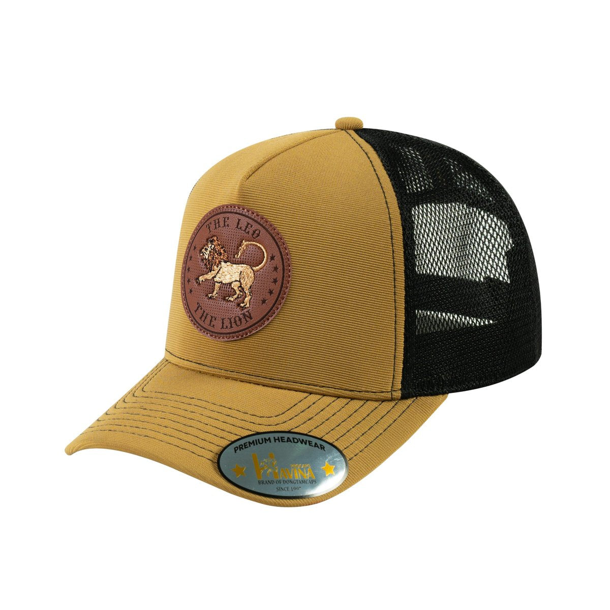 Unisex V2 Embroidered And Laser-Engraved Leo Zodiac (July 23, August 22), 5-Panel Trucker Hat, Light Brown/Black, Adjustable Fit