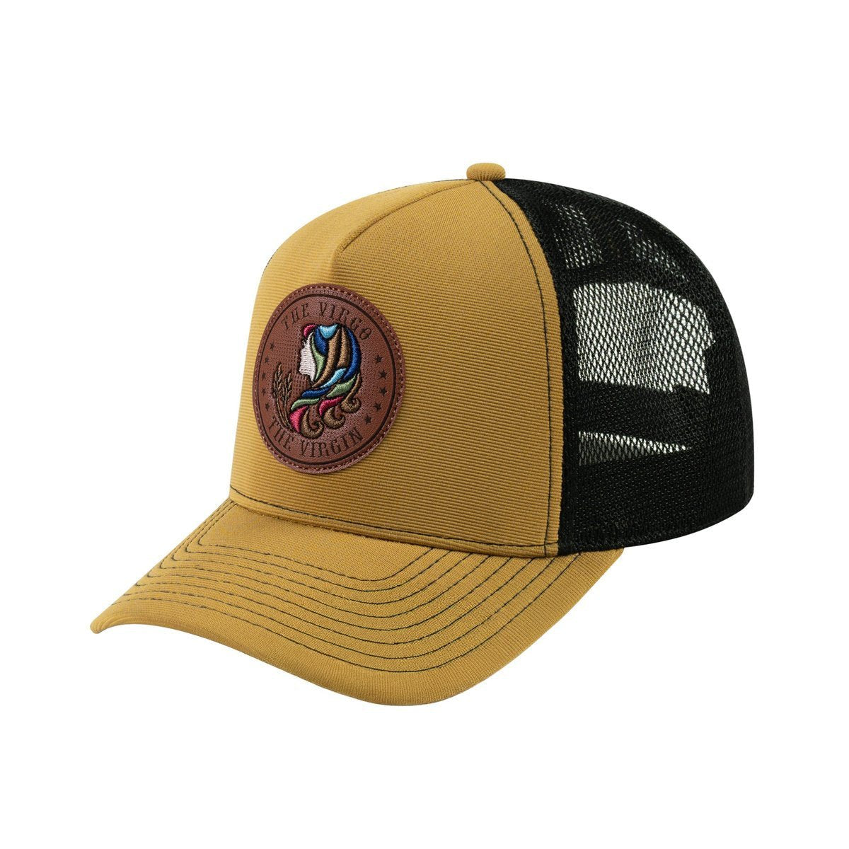 Unisex V2 Embroidered And Laser-Engraved Virgo Zodiac (August 23, September 22), 5-Panel Trucker Hat, Light Brown/Black, Adjustable Fit