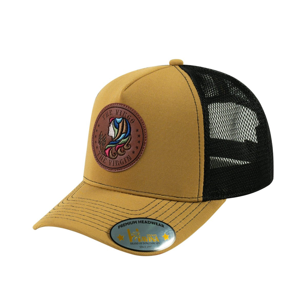 Unisex V2 Embroidered And Laser-Engraved Virgo Zodiac (August 23, September 22), 5-Panel Trucker Hat, Light Brown/Black, Adjustable Fit