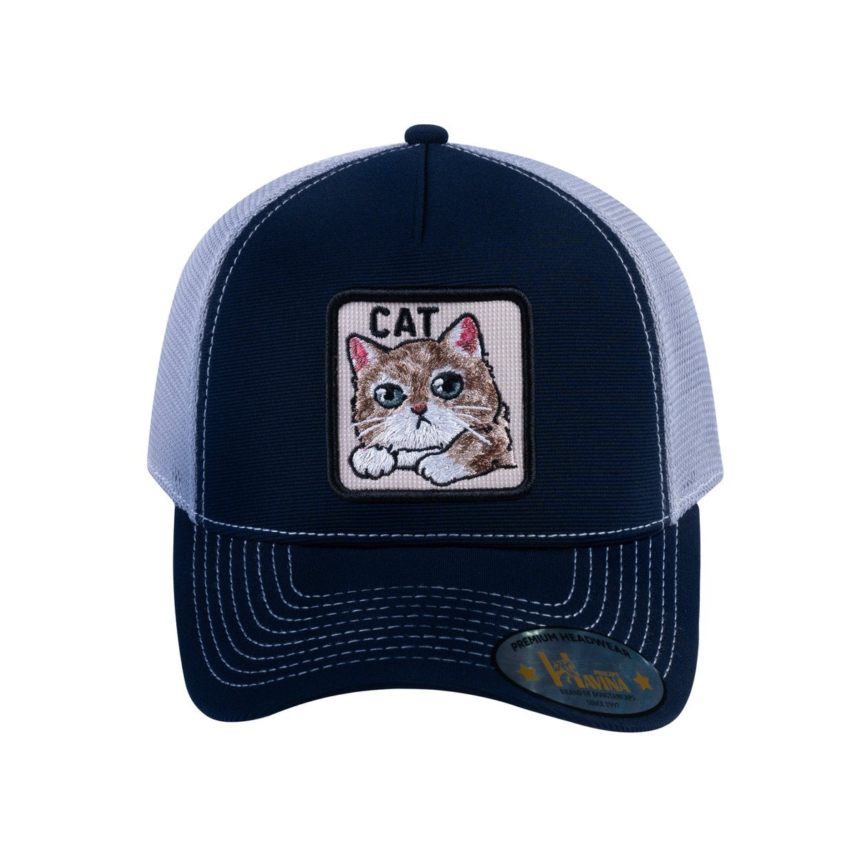 Unisex V2 Embroidered The Cat, 5-Panel Trucker Hat, Navy/Light Grey, Adjustable Fit