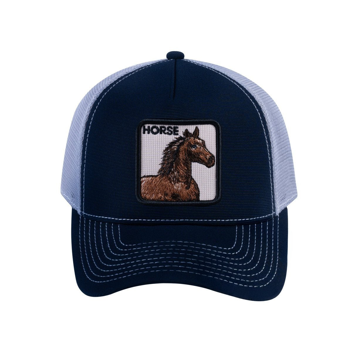 Unisex V2 Embroidered The Horse, 5-Panel Trucker Hat, Navy/Light Grey, Adjustable Fit