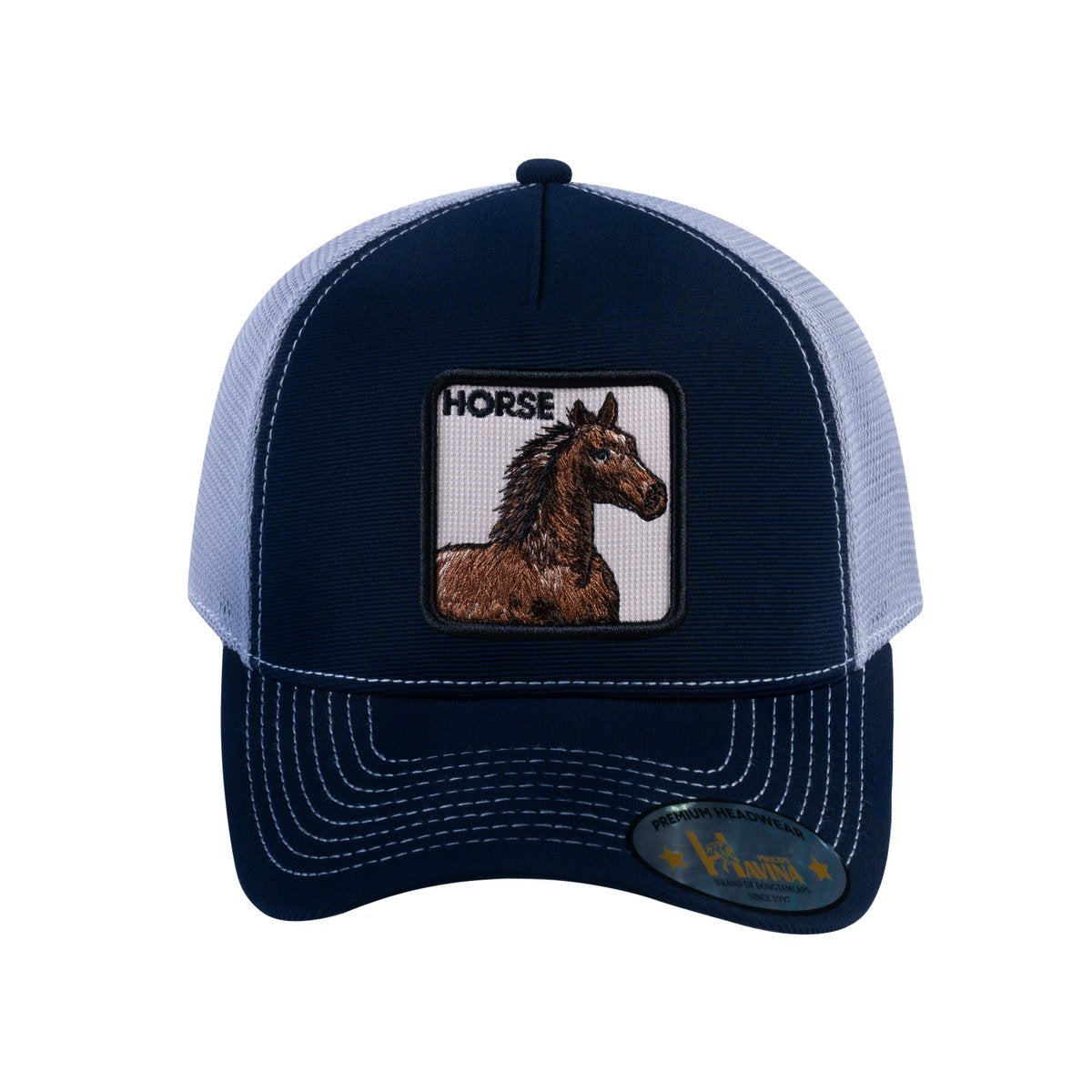 Unisex V2 Embroidered The Horse, 5-Panel Trucker Hat, Navy/Light Grey, Adjustable Fit