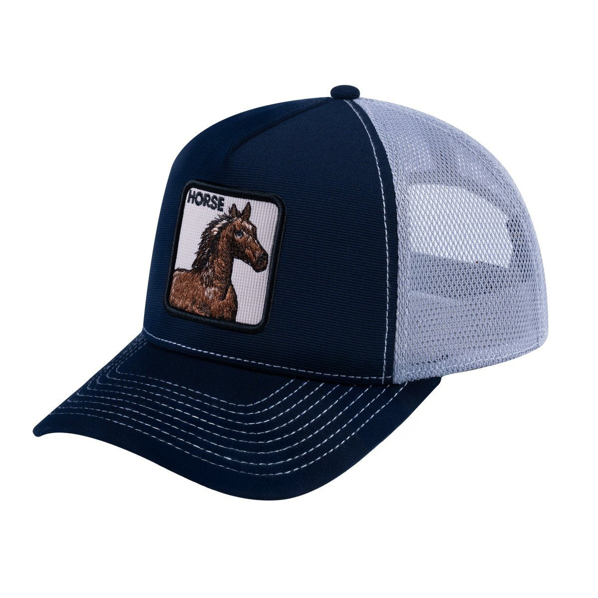 Unisex V2 Embroidered The Horse, 5-Panel Trucker Hat, Navy/Light Grey, Adjustable Fit