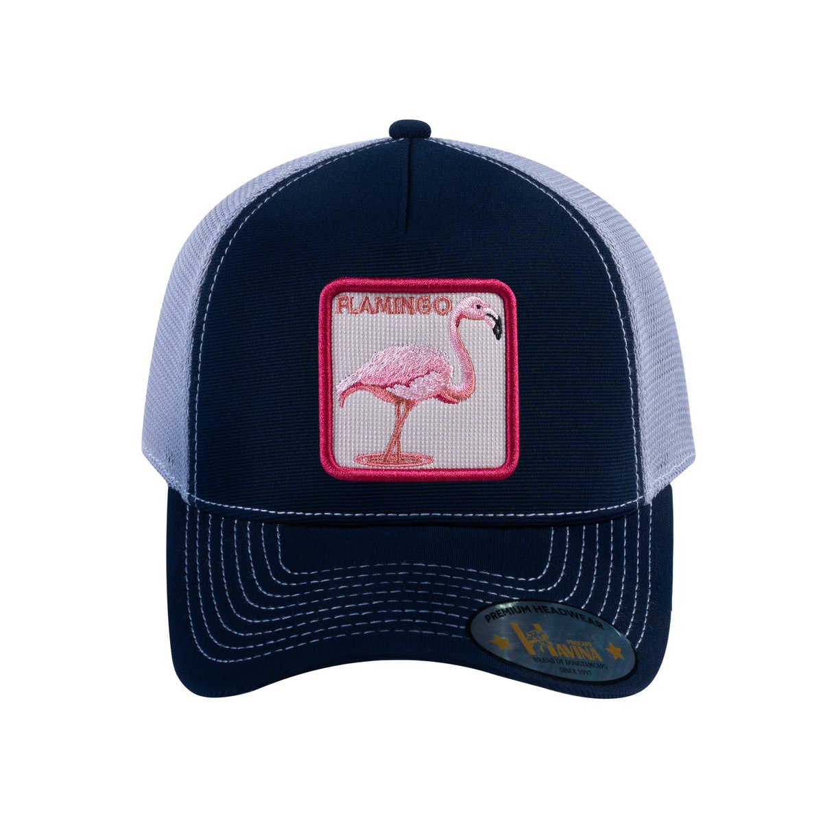 Unisex V2 Embroidered The Flamingo, 5-Panel Trucker Hat, Navy/Light Grey, Adjustable Fit
