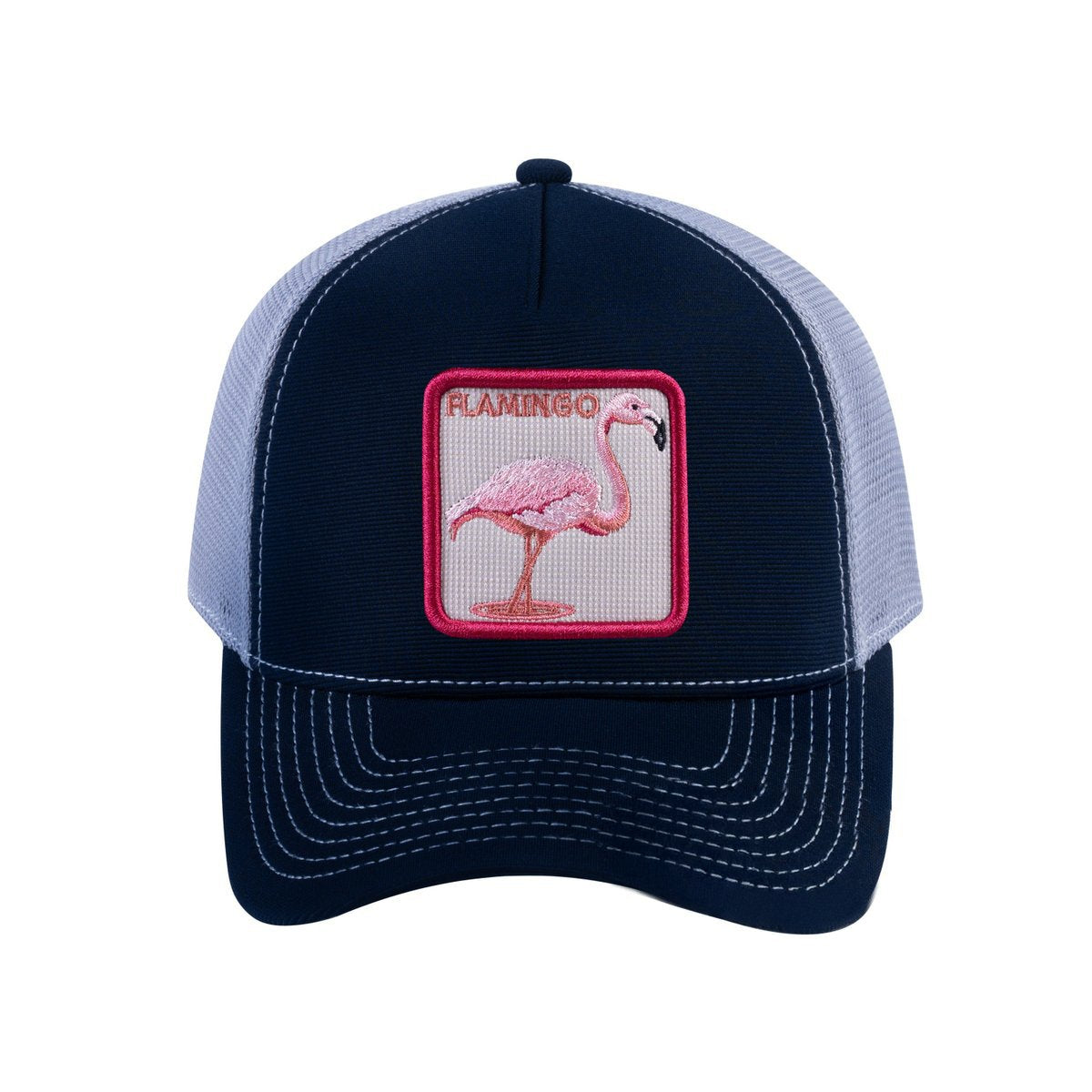 Unisex V2 Embroidered The Flamingo, 5-Panel Trucker Hat, Navy/Light Grey, Adjustable Fit