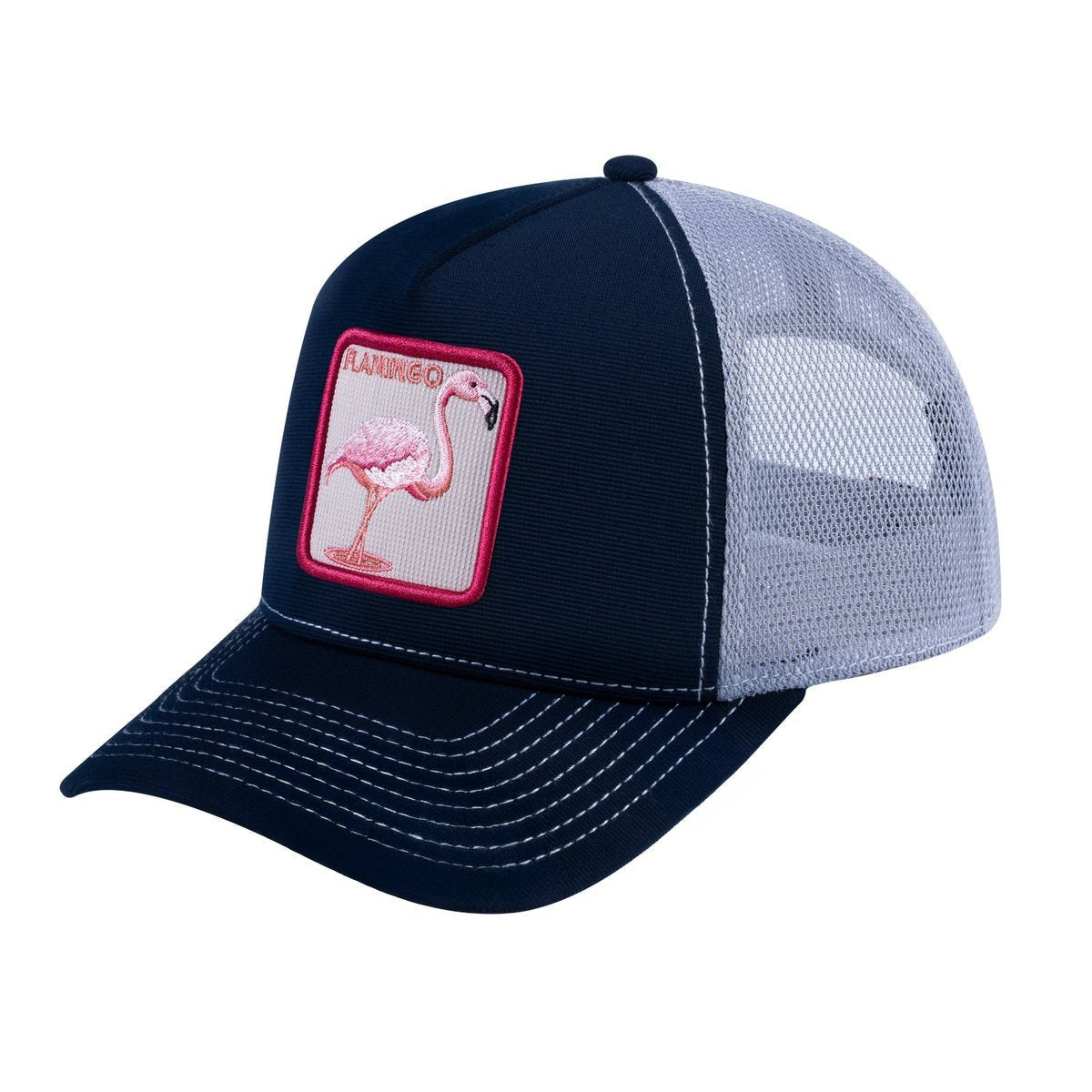 Unisex V2 Embroidered The Flamingo, 5-Panel Trucker Hat, Navy/Light Grey, Adjustable Fit