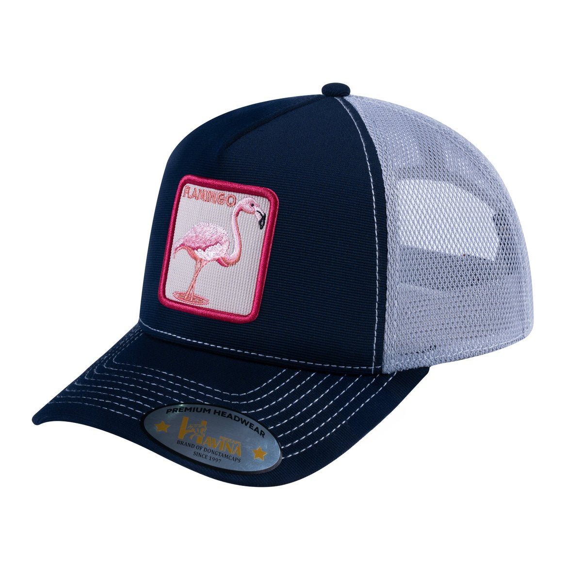 Unisex V2 Embroidered The Flamingo, 5-Panel Trucker Hat, Navy/Light Grey, Adjustable Fit