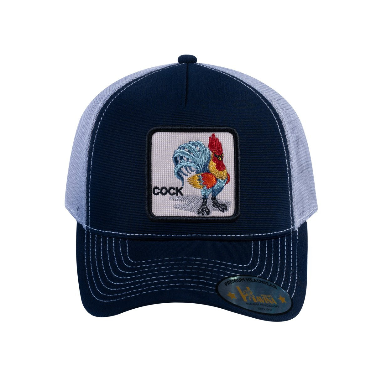Unisex V2 Embroidered The Chicken, 5-Panel Trucker Hat, Navy/Light Grey, Adjustable Fit