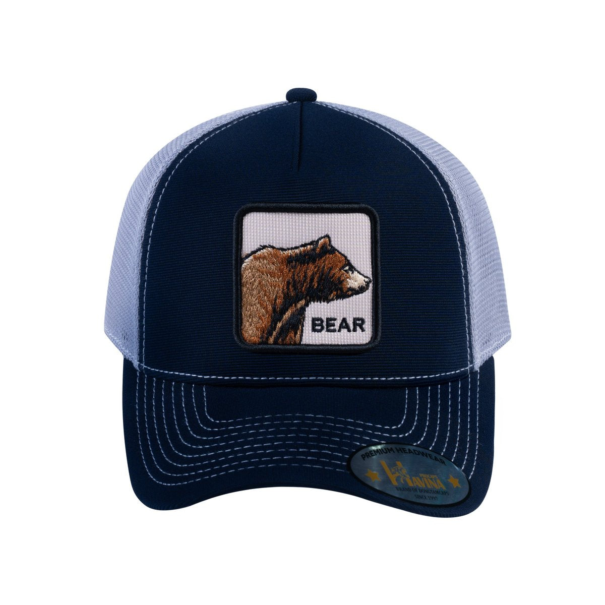 Unisex V2 Embroidered The Bear, 5-Panel Trucker Hat, Navy/Light Grey, Adjustable Fit
