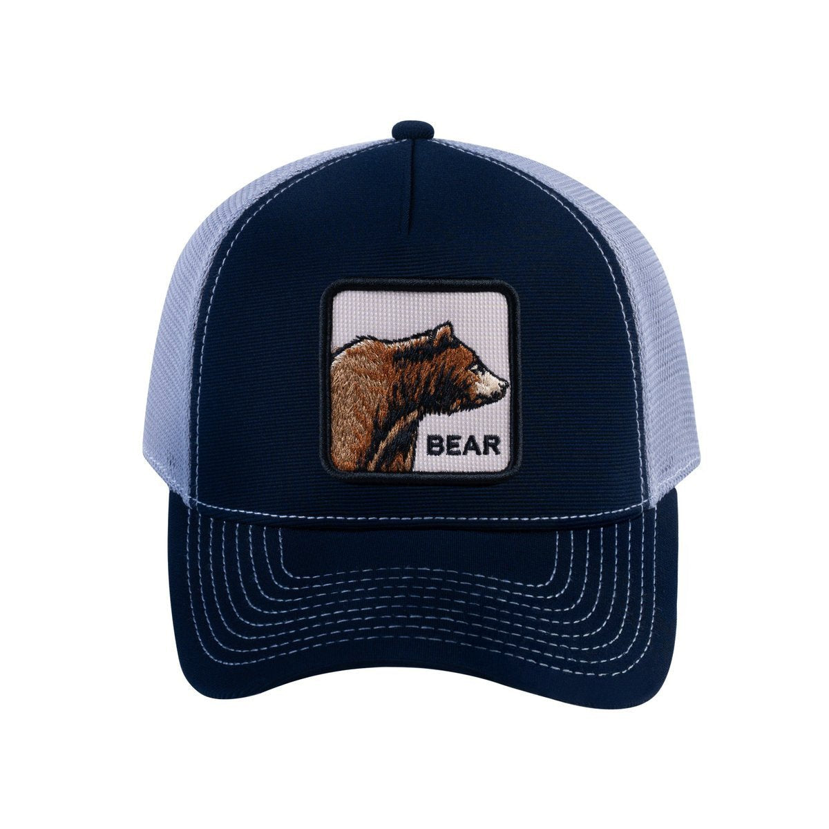 Unisex V2 Embroidered The Bear, 5-Panel Trucker Hat, Navy/Light Grey, Adjustable Fit