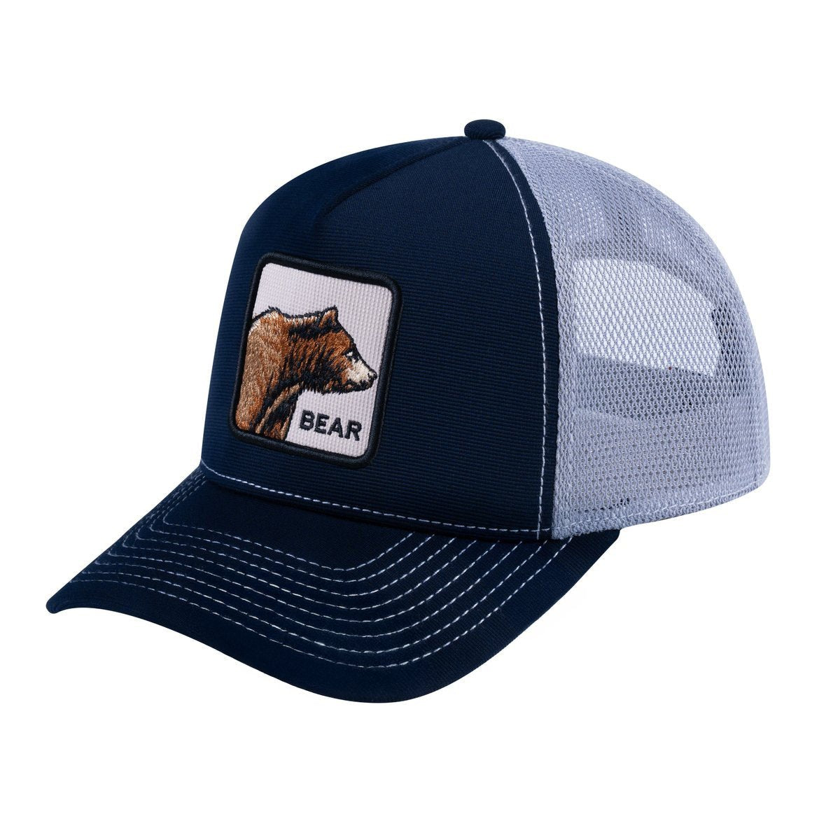 Unisex V2 Embroidered The Bear, 5-Panel Trucker Hat, Navy/Light Grey, Adjustable Fit