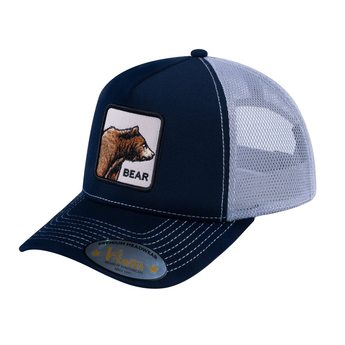 Unisex V2 Embroidered The Bear, 5-Panel Trucker Hat, Navy/Light Grey, Adjustable Fit