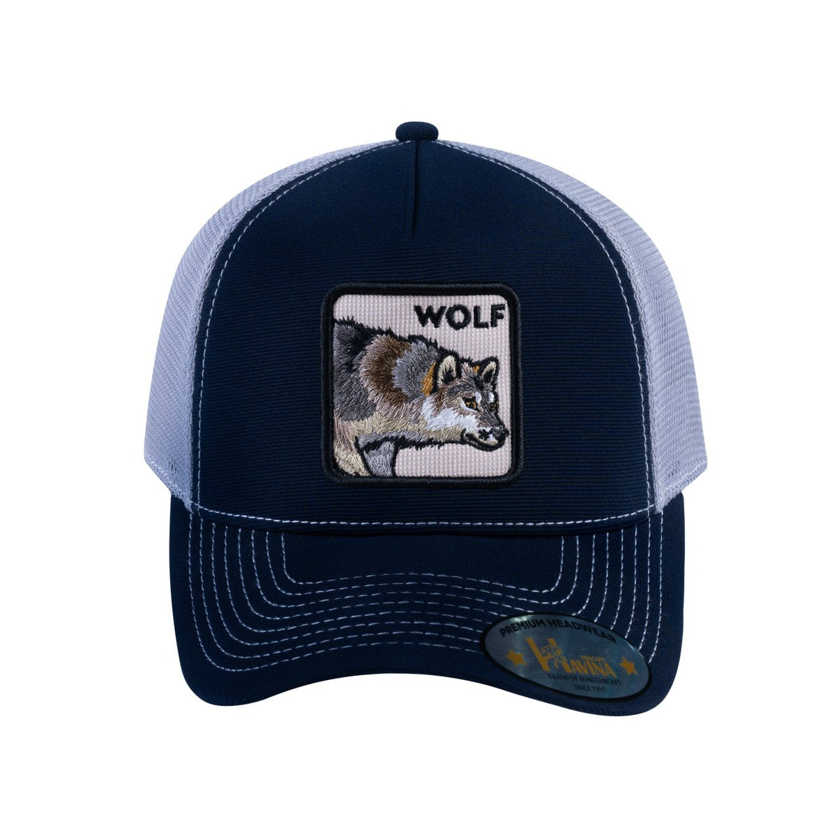 Unisex V2 Embroidered The Wolf, 5-Panel Trucker Hat, Navy/Light Grey, Adjustable Fit