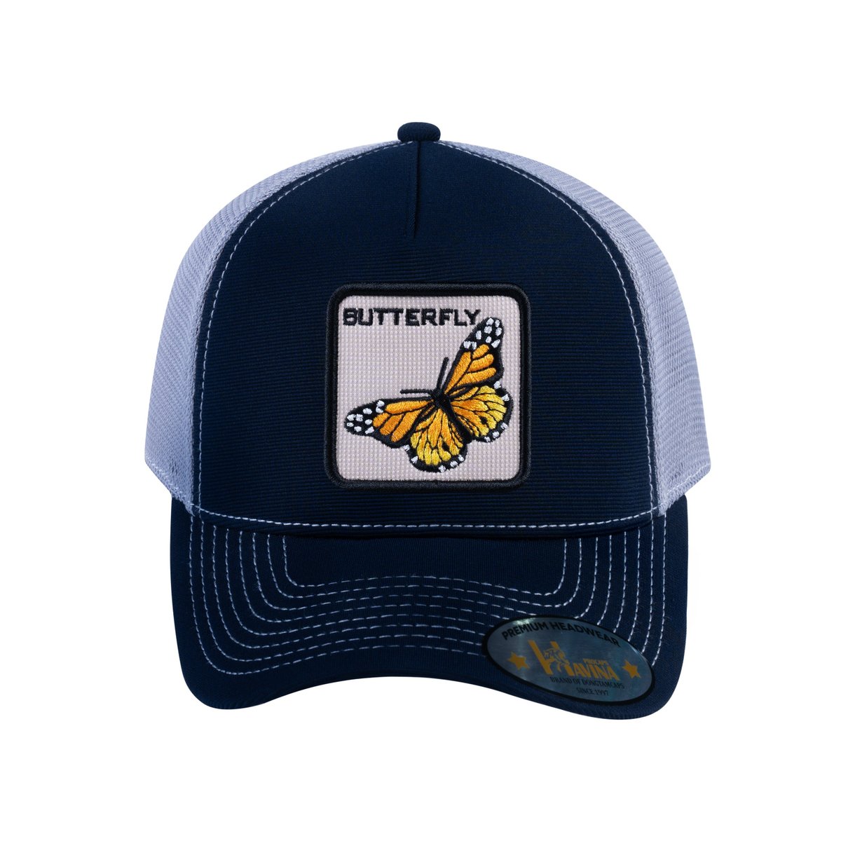 Unisex V2 Embroidered The Butterfly, 5-Panel Trucker Hat, Navy/Light Grey, Adjustable Fit