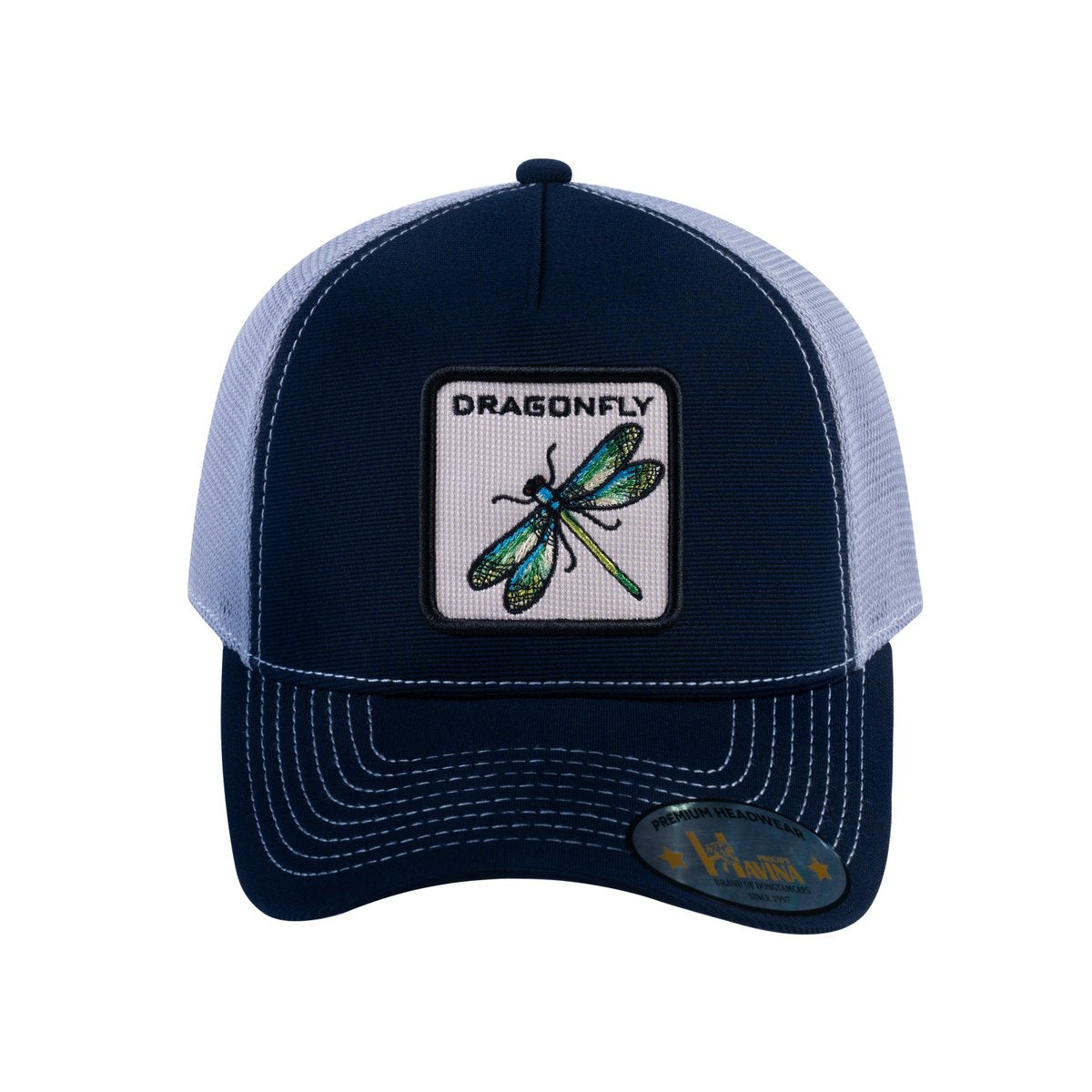 Unisex V2 Embroidered The Dragonfly, 5-Panel Trucker Hat, Navy/Light Grey, Adjustable Fit