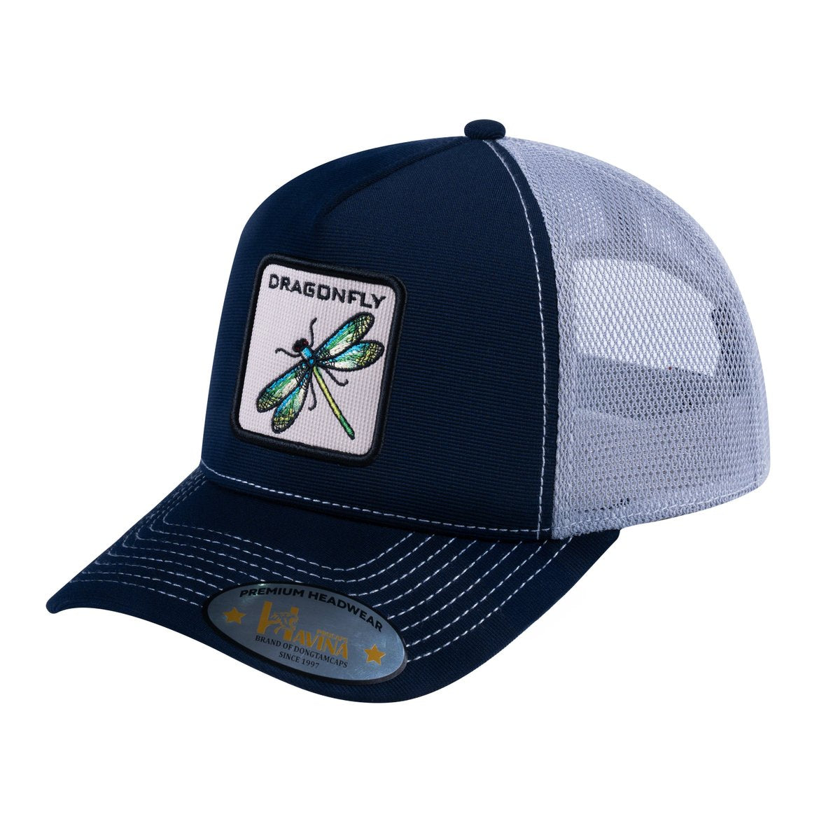 Unisex V2 Embroidered The Dragonfly, 5-Panel Trucker Hat, Navy/Light Grey, Adjustable Fit