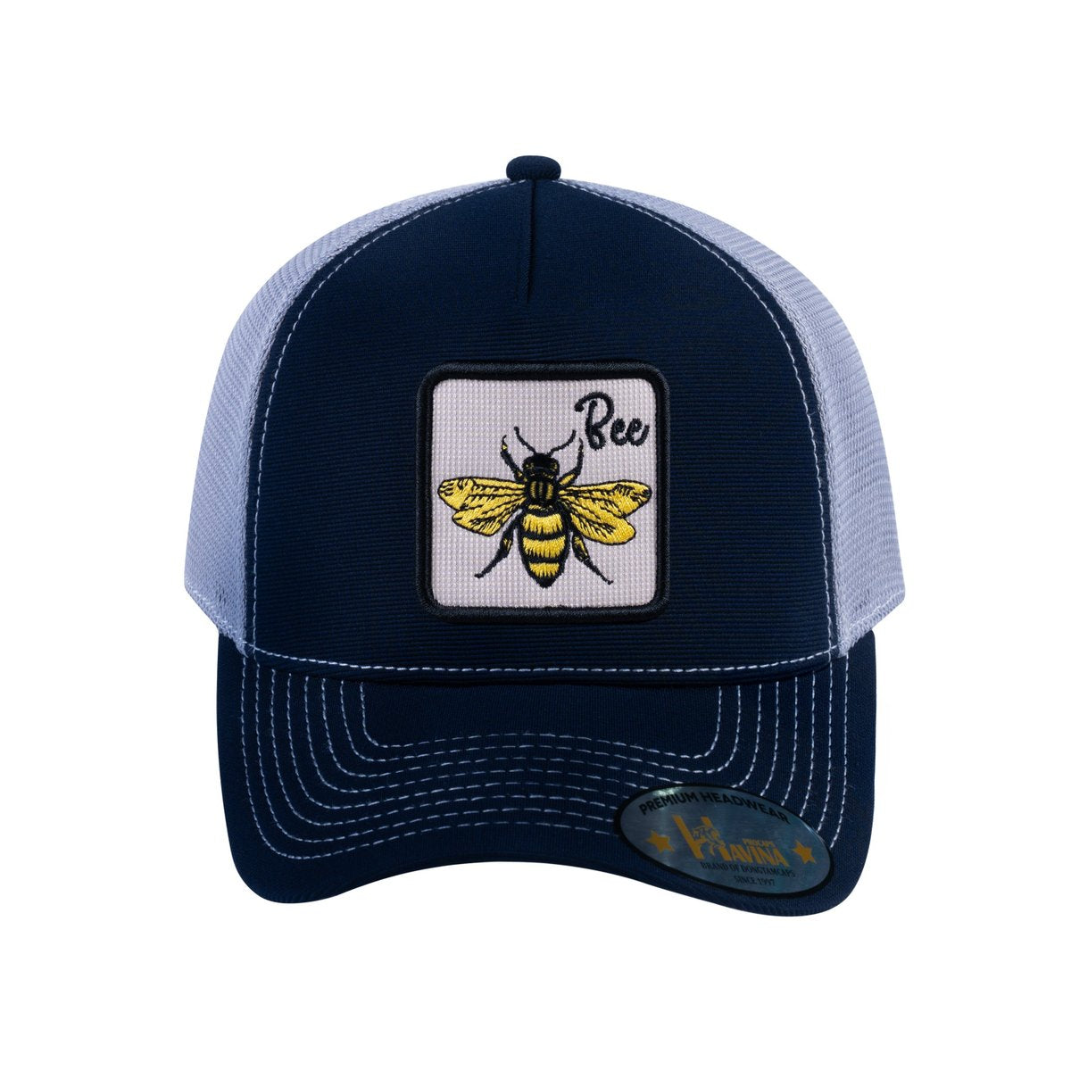 Unisex V2 Embroidered The Bee, 5-Panel Trucker Hat, Navy/Light Grey, Adjustable Fit