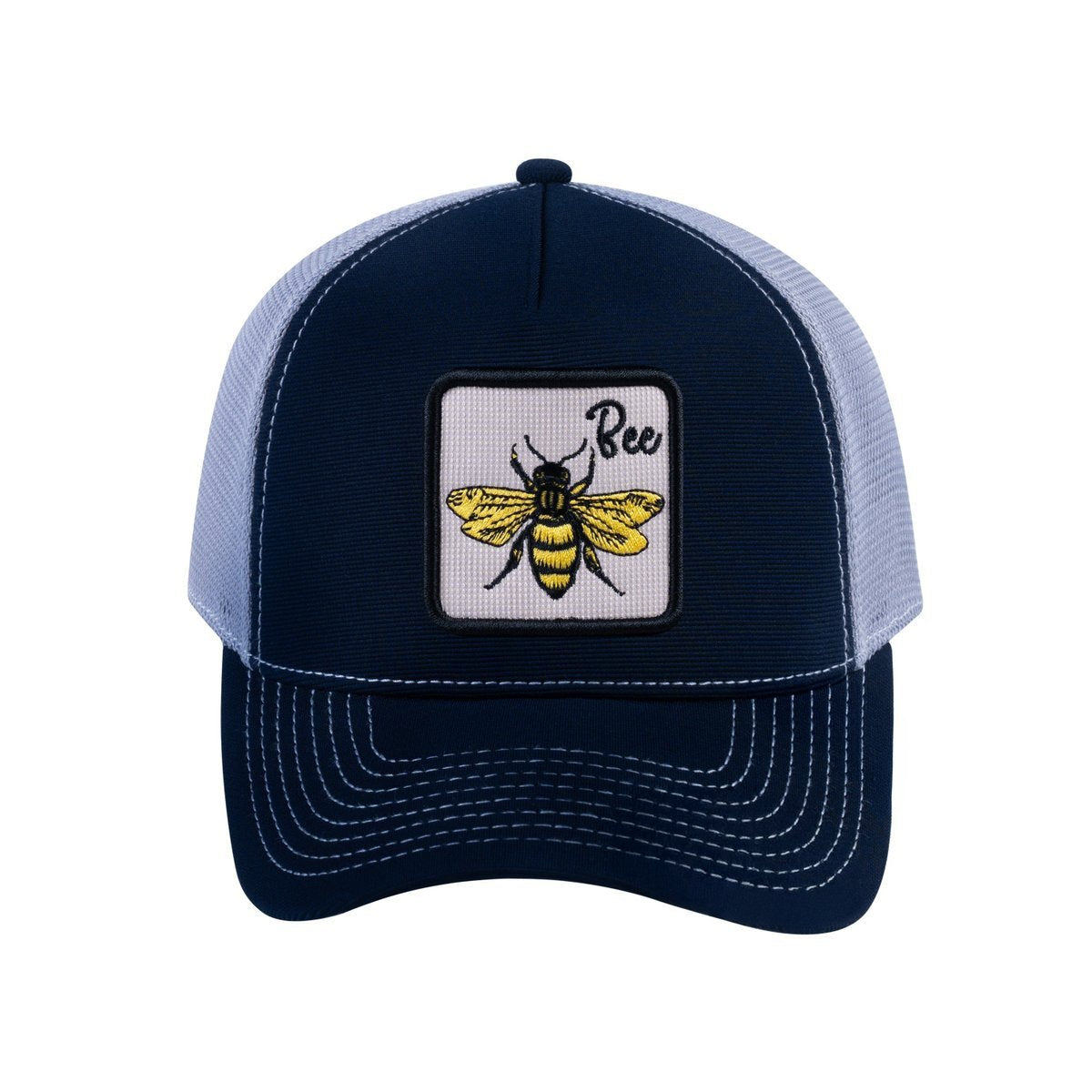 Unisex V2 Embroidered The Bee, 5-Panel Trucker Hat, Navy/Light Grey, Adjustable Fit
