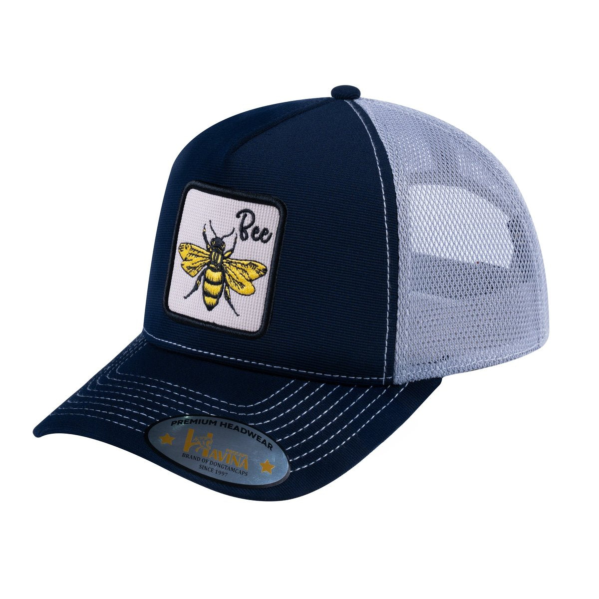 Unisex V2 Embroidered The Bee, 5-Panel Trucker Hat, Navy/Light Grey, Adjustable Fit