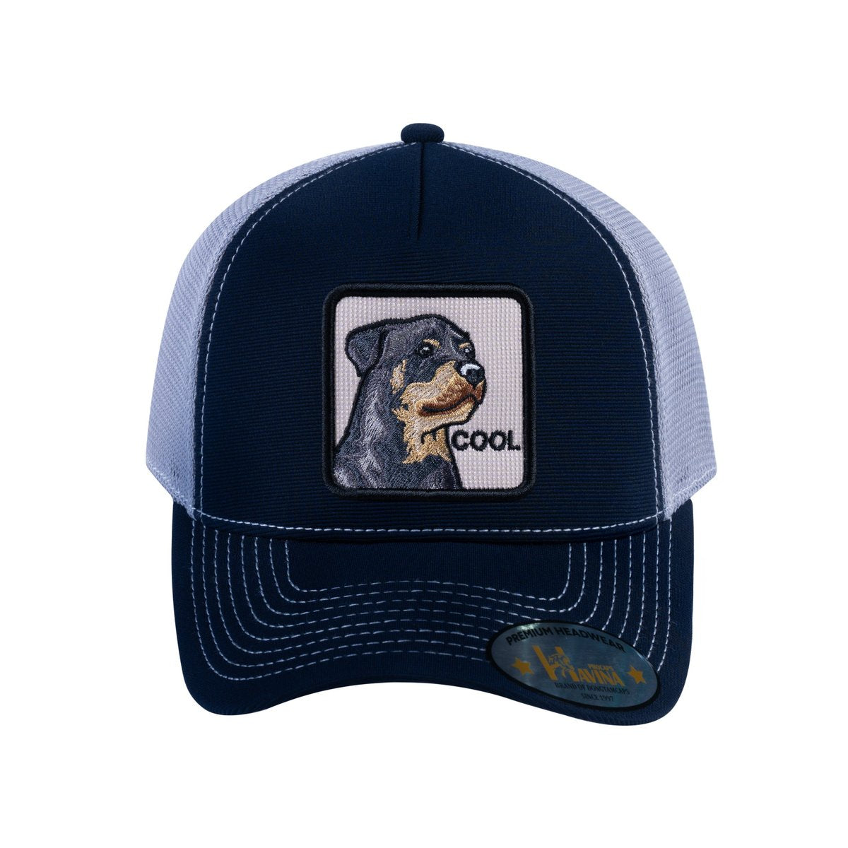 Unisex V2 Embroidered The Dog, 5-Panel Trucker Hat, Navy/Light Grey, Adjustable Fit