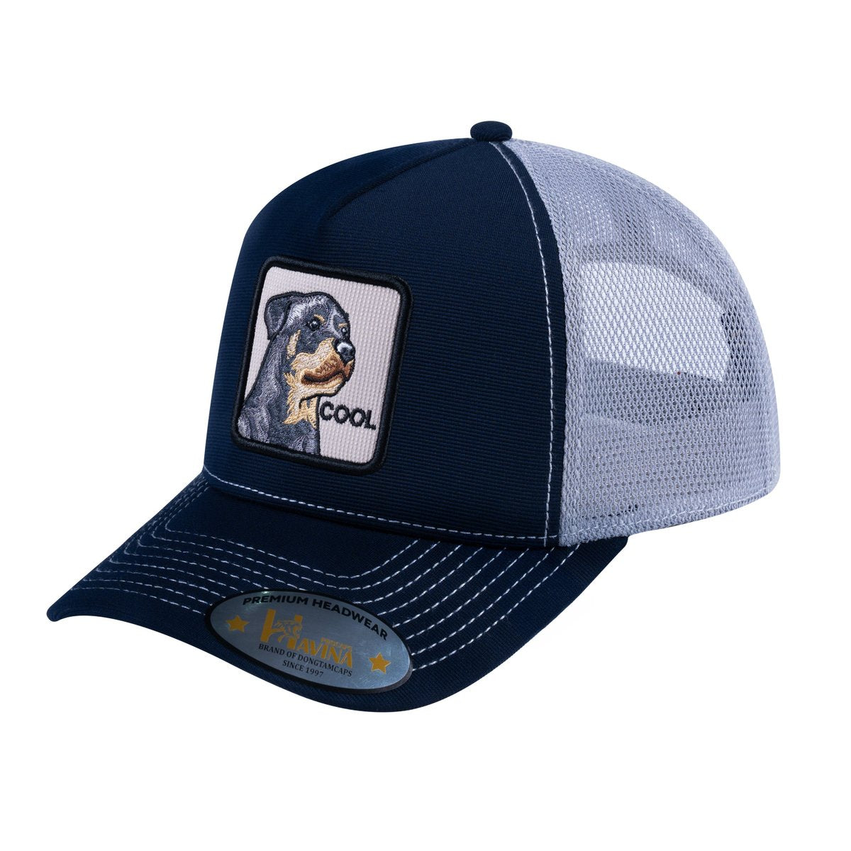 Unisex V2 Embroidered The Dog, 5-Panel Trucker Hat, Navy/Light Grey, Adjustable Fit