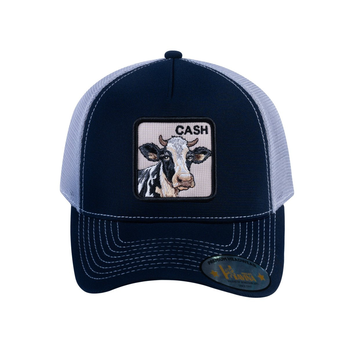 Unisex V2 Embroidered The Cow, 5-Panel Trucker Hat, Navy/Light Grey, Adjustable Fit